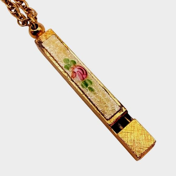 Estate Jewelry - Vintage Floral Enamel Bar Whistle Pendant Necklace Gold Tone Functional 25"